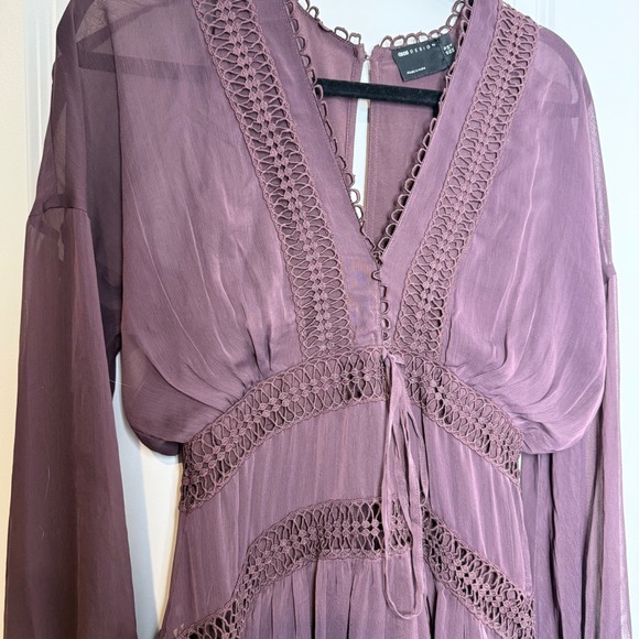 ASOS DESIGN Plum Purple Crochet Lace Insert Midi Dress Long Sleeve Boho Size 6 - Picture 2 of 6
